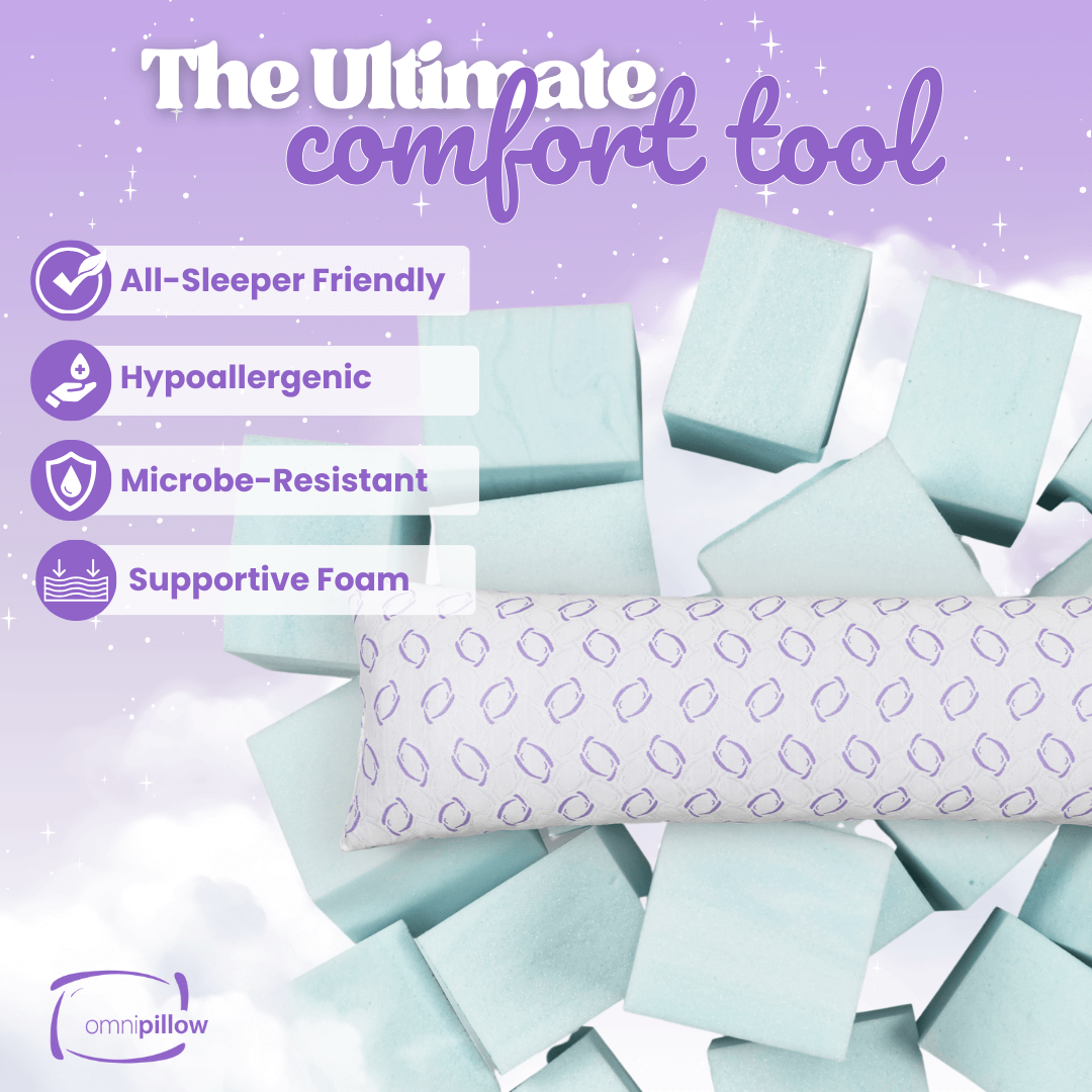 Supportive foam with features listed on a purple background, featuring the Omnipillow brand.