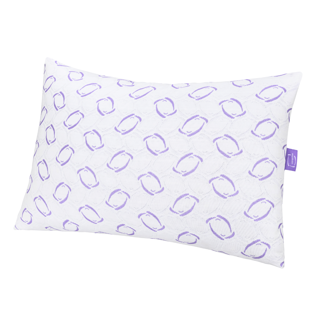 White pillow with purple geometric pattern on a white background. King size OmniPillow