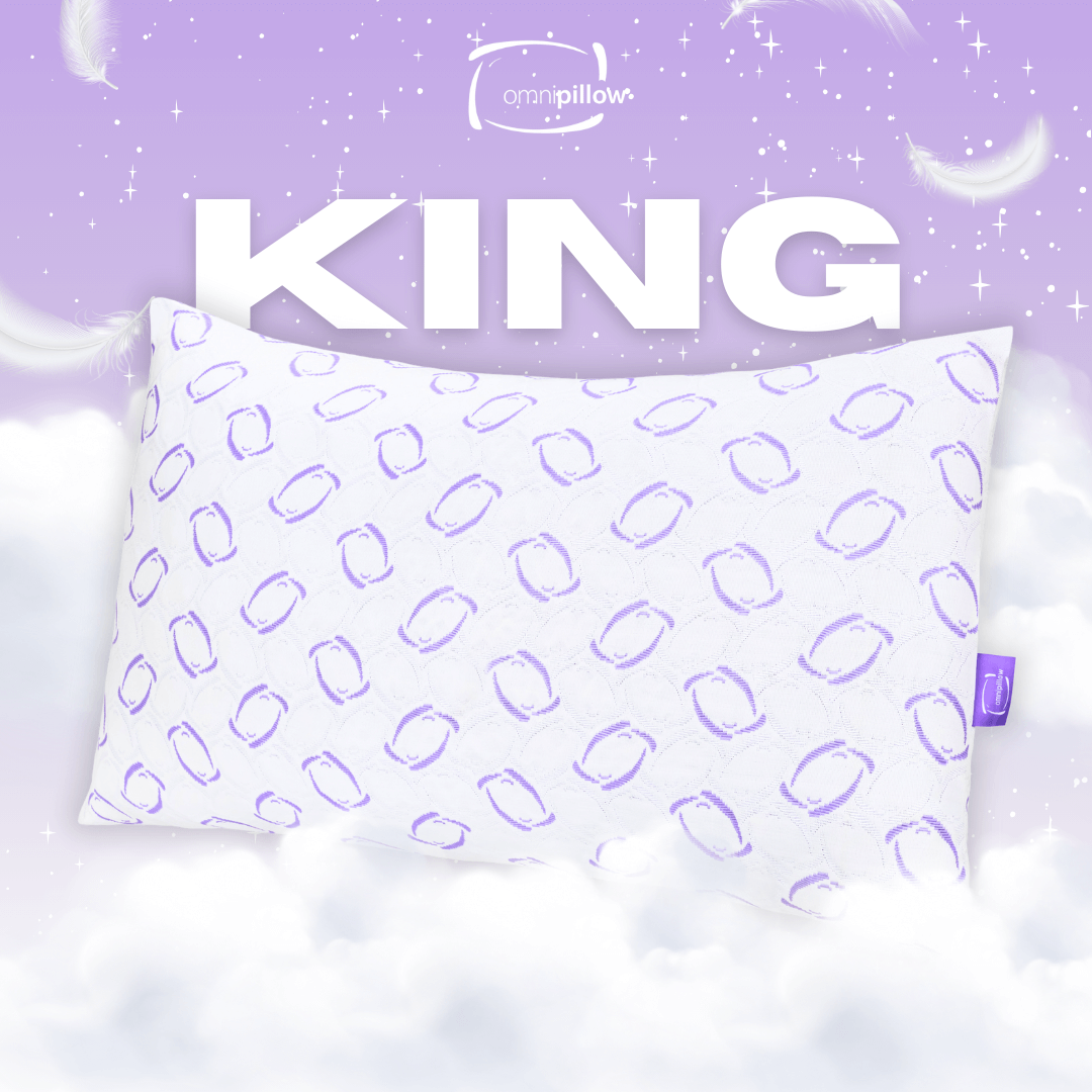 White pillow with purple geometric pattern on a white background. King size OmniPillow