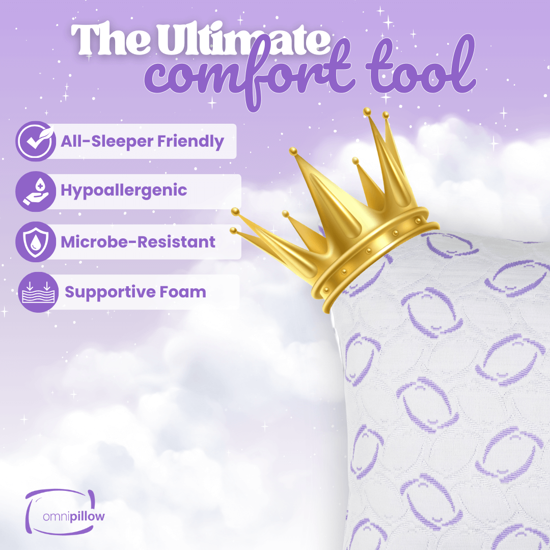 Pillow with a gold crown on a purple background with text highlighting features of the king size OmniPillow