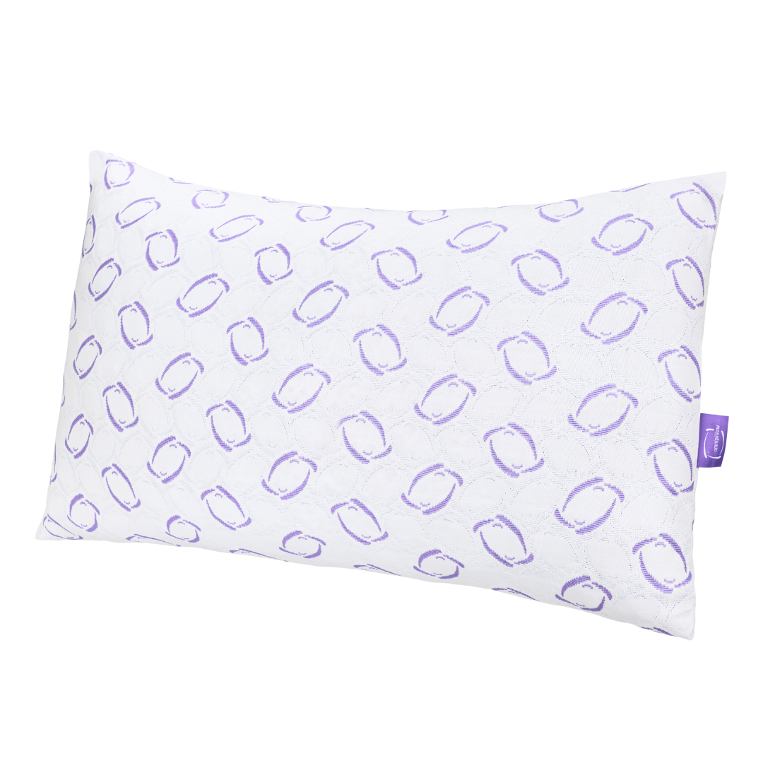 White pillowcase with purple geometric pattern on a white background. Omnipillow brand.
