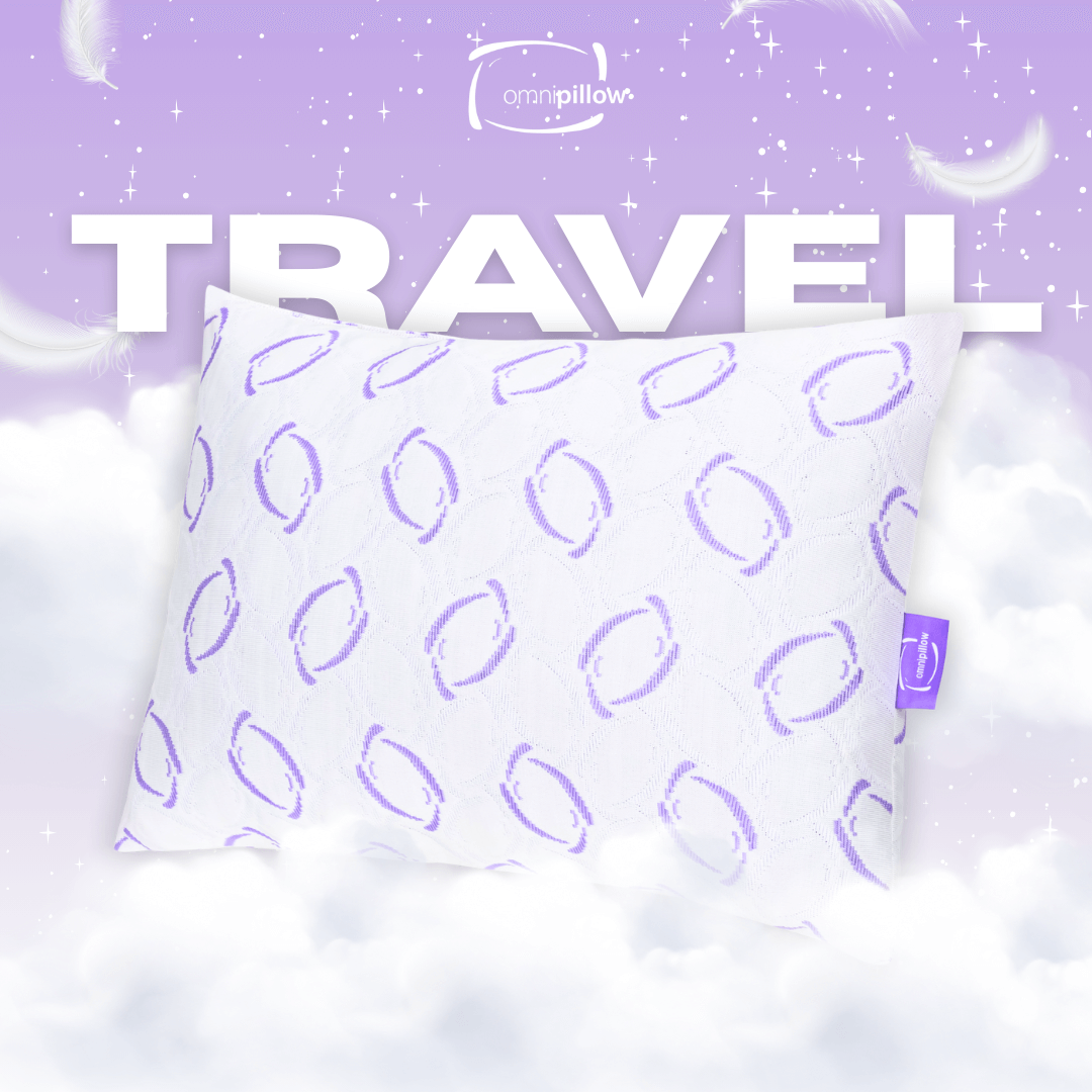 Travel pillow with purple pattern on a purple background with 'OmniPillow' branding.