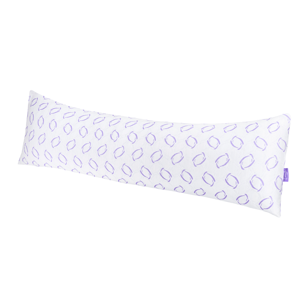 White pillow with purple pattern on a white background

