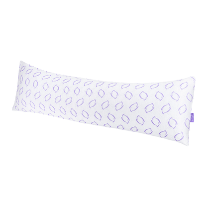 White pillow with purple pattern on a white background

