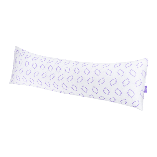 White pillow with purple pattern on a white background

