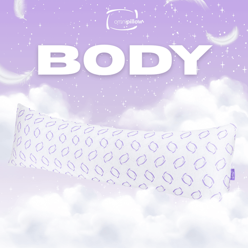 White pillow with a subtle pattern on a purple background with 'OmniPilow' branding.

