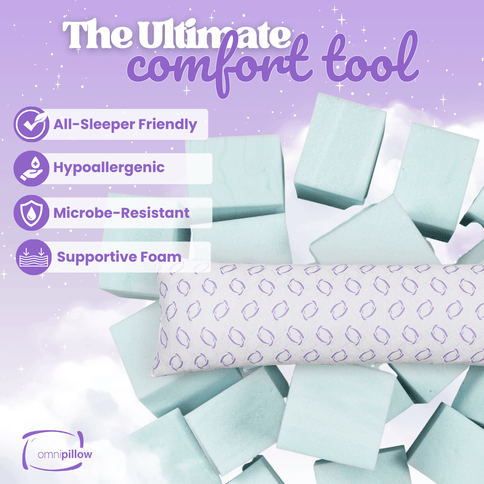 Supportive foam with features listed on a purple background, featuring the Omnipillow brand.

