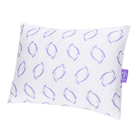 White pillowcase with purple abstract pattern on a white background

