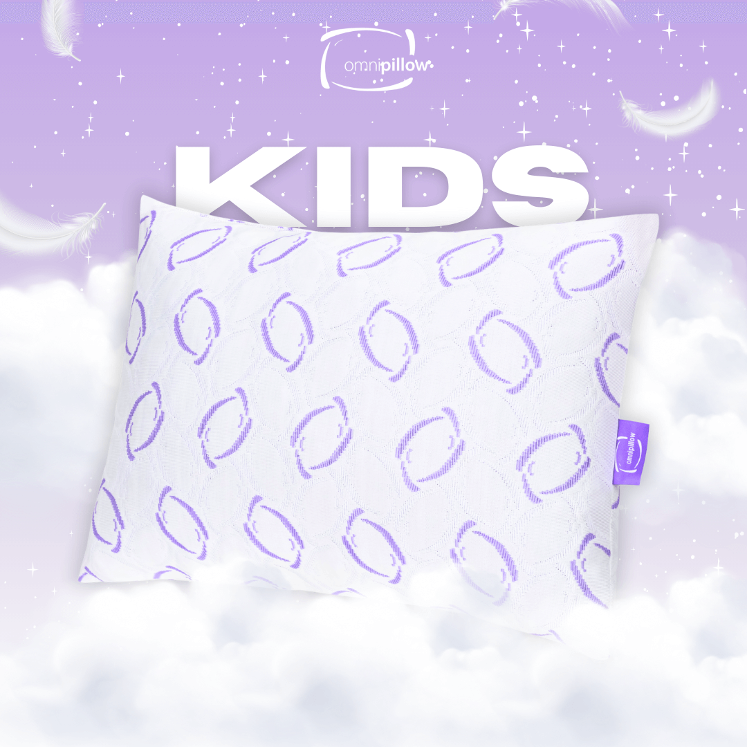 White pillowcase with purple oval patterns on a purple background with 'OmniPillow' branding.

