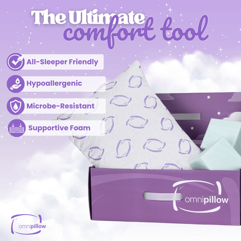 Omnipillow packaging with features listed on a purple background

