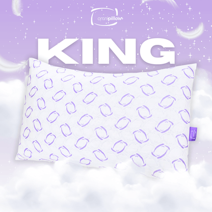 White pillow with purple geometric pattern on a white background. King size OmniPillow