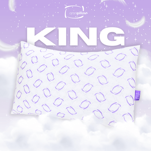 White pillow with purple geometric pattern on a white background. King size OmniPillow