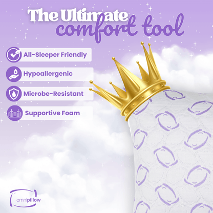 Pillow with a gold crown on a purple background with text highlighting features of the king size OmniPillow