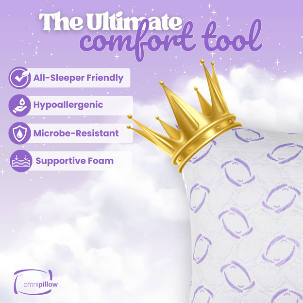 Pillow with a gold crown on a purple background with text highlighting features of the king size OmniPillow