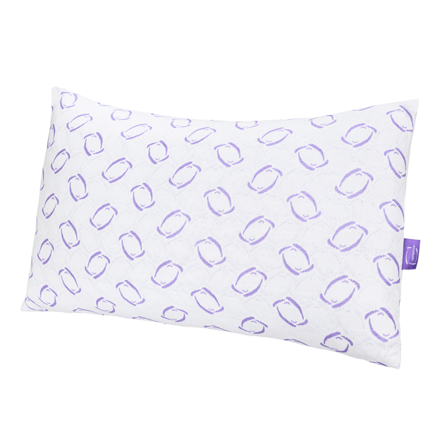 White pillowcase with purple geometric pattern on a white background. Omnipillow brand.