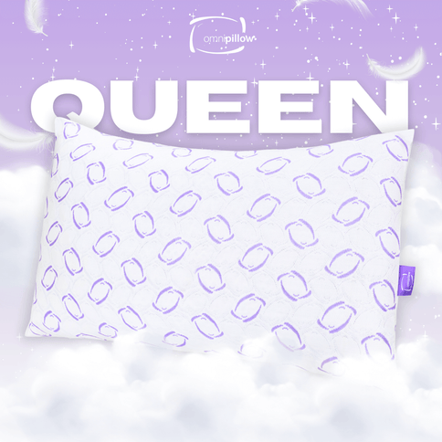 White pillow with purple pattern on a purple background with 'OmniPillow' branding.
