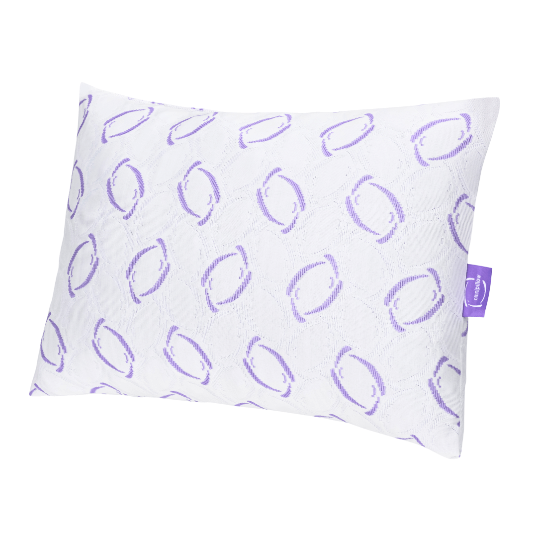 White pillowcase with purple abstract pattern on a white background

