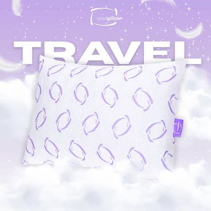 Travel pillow with purple pattern on a purple background with 'OmniPillow' branding.

