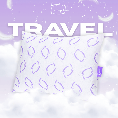 Travel pillow with purple pattern on a purple background with 'OmniPillow' branding.

