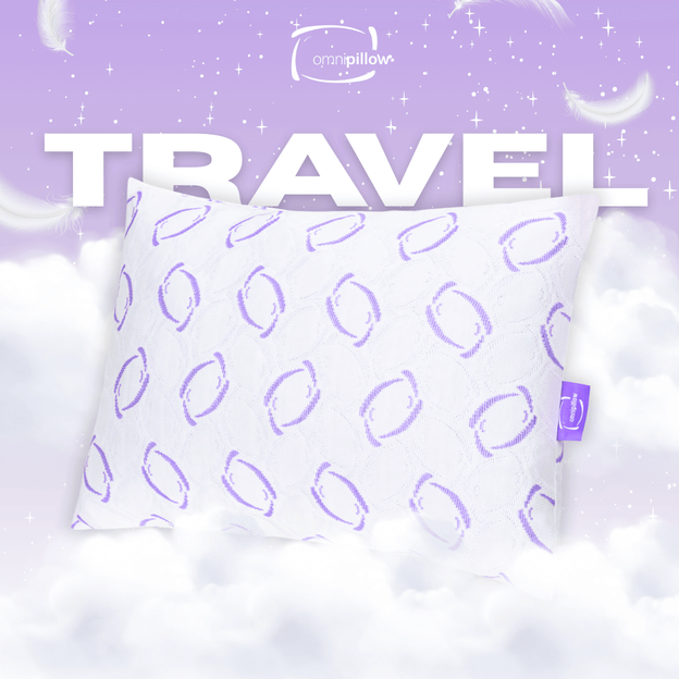 Travel pillow with purple pattern on a purple background with 'OmniPillow' branding.

